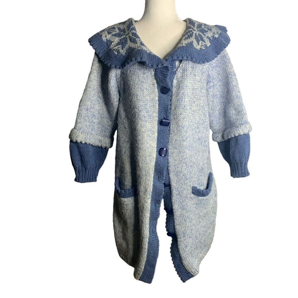 Vintage 80s Cardigan Sweater Jacket M Blue Chunky Knit Buttons Pockets Collared